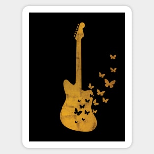 Offset Style Electric Guitar Silhouette Turning Into Butterflies Gold Sticker